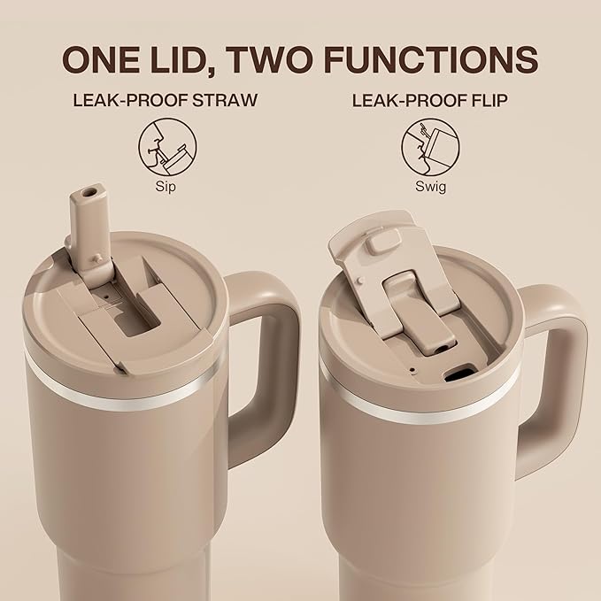 ENCOOL 40 oz Tumbler with Handle and Straw: Stainless Steel Insulated Tumbler Keeps Cold for 24 Hours, Leakproof Travel Cup Fits in Cup Holder and BPA-Free,Raw Umber