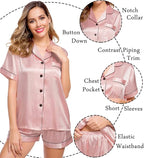 LecGee Womens Silk Satin Pajamas Short Sleeve Loungewear Two-Piece Sleepwear Button-Down Pj Set