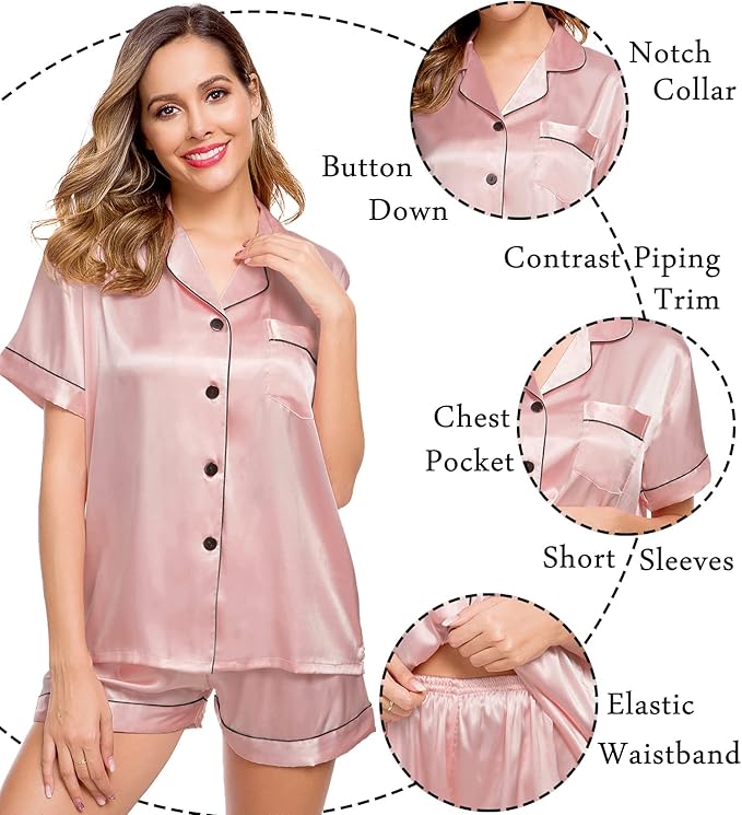 LecGee Womens Silk Satin Pajamas Short Sleeve Loungewear Two-Piece Sleepwear Button-Down Pj Set
