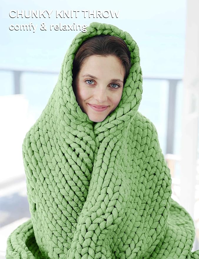 YnM Chunky Throw Blanket, Medium-Weight, Hand Knitted, Skin Friendly, Ventilated and Breathable, Machine Washable, Home Décor Piece for Couch, Sofa and Bed (Avocado Green, 40x50 Inch)