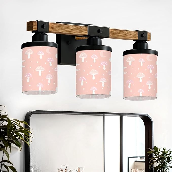 Vanity Lights for Bathroom Wall Lights for Bedroom Living Room Cute Pink Mushroom Crescent Moon Soft Peach Modern Bathroom Light Fixtures Wall Sconces 3 Light Home Decor