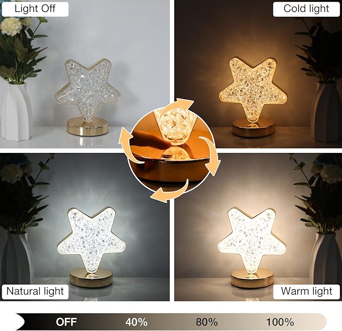 SupBri Star Lamp, Cute Night Light for Kids, Cordless Rechargeable Stepless Dimmable Touch Lamp with 3 Colors Modes for Living Room, Bedroom,Christmas Decorations