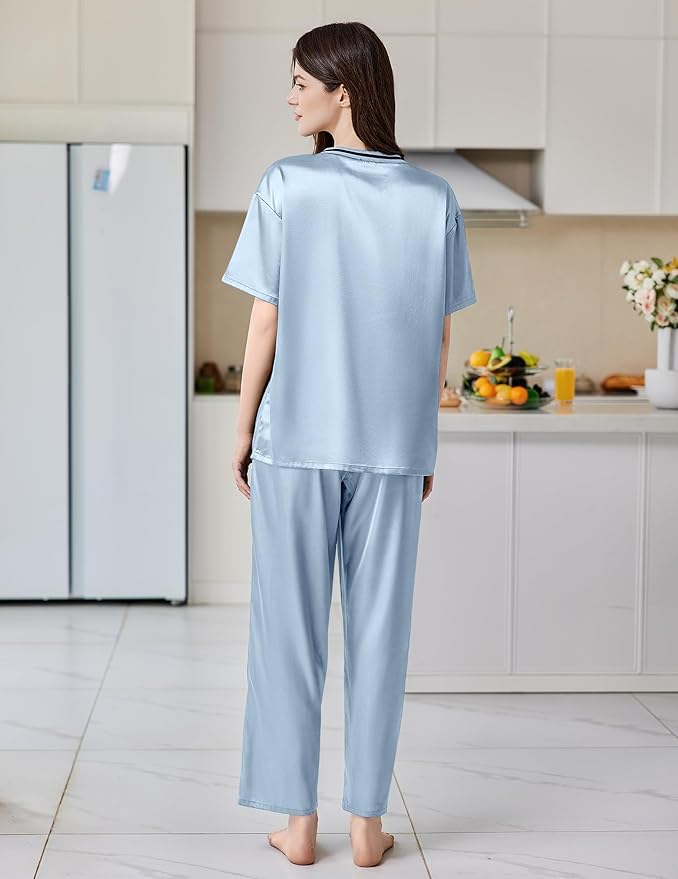 Ekouaer Satin Pajama Set for Women Short Sleeve Silky Pjs 2 Piece Lounge Sets Soft Comfy Sleepwear Loungewear S-XXL
