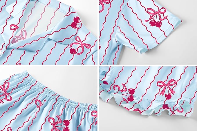 Umeyda Girls & Women Satin Pajamas Set Button Down 2 Piece Silk Pjs Shorts Set Ruffle Sleepwear, 5 Years-Women L