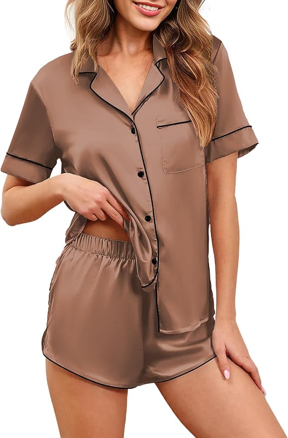 Ekouaer Womens Silk Satin Pajamas Set Short Sleeve Sleepwear Button Down Loungewear 2 Piece Pjs Shorts Set S-5X Plus Size