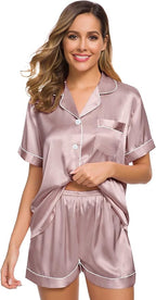 SWOMOG Womens Silk Satin Pajamas Set Short Sleeve Sleepwear Button Down Top and Shorts Loungewear 2 Piece Pjs Set XS-3XL