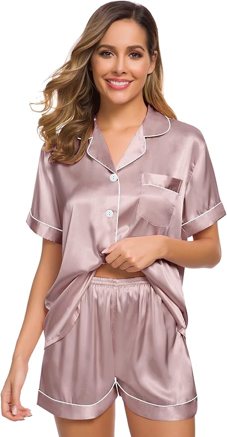SWOMOG Womens Silk Satin Pajamas Set Short Sleeve Sleepwear Button Down Top and Shorts Loungewear 2 Piece Pjs Set XS-3XL