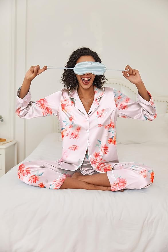 Ekouaer Women's Classic Button Down Long Satin Silk Pajama Set