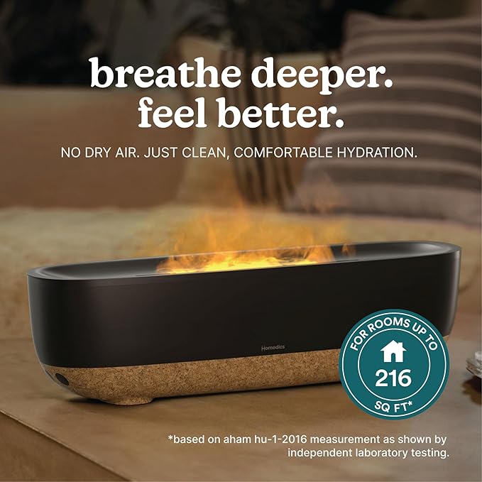 Homedics Fireside Ultrasonic Humidifier, Medium Sized Rooms, Visible Flame-Effect Cool Mist, 0.26-Gal Top-Fill Tank, Dry Air Relief at Home, Breathe & Sleep Better, Aromatherapy