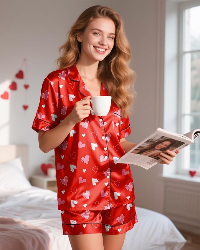 Womens Silky Pajama Sets Short Sleeve Loungewear 2 Pcs Satin Soft Pj Sets Button Down Women's Summer Sleepwear