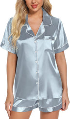 Samring Women's Silk Satin Pajamas Set Short Sleeve Sleepwear Two Piece Button Down Pj Set with Pockets S-XXL