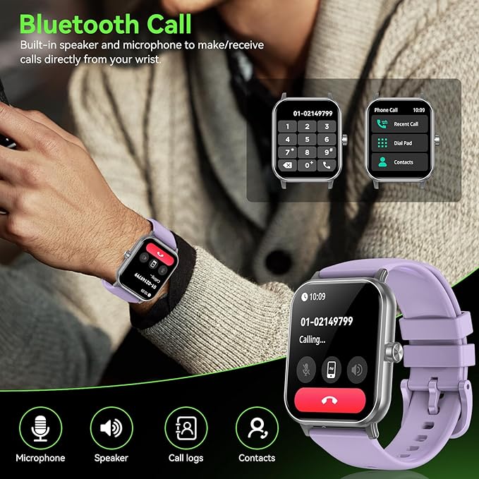Smart Watch for Men Women, 1.85" HD Fitness Tracker with Bluetooth Calls, 5 ATM Waterproof, 130+ Sport Modes, 24/7 Heart Rate/Sleep Monitor, Pedometer, Calories, Smartwatch for Android iOS (Purple)