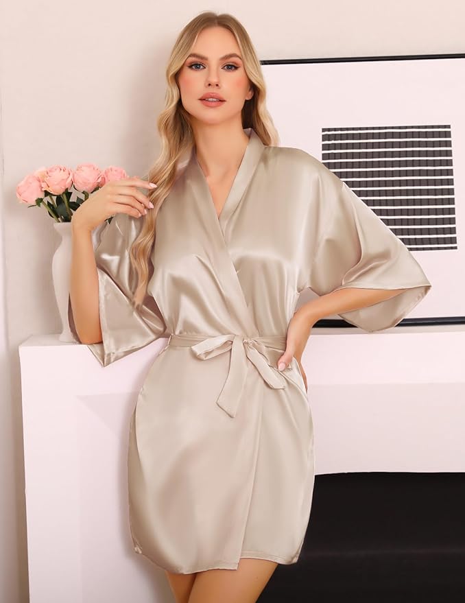 Lovasy Women's Satin Robes Silky Short Robe Lightweight Sleepwear Bride Bridesmaids Bathrobes Dressing Gowns Loungewear S-XXL