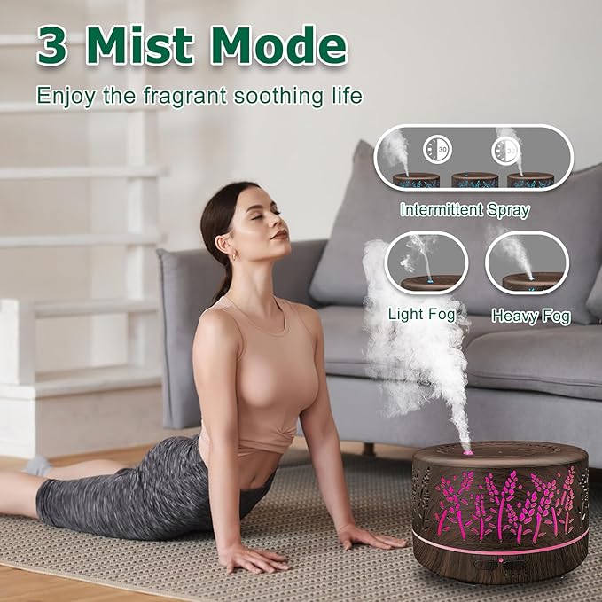 Diffusers for Essential Oils Large Room,600ml Essential Oil Diffusers for Home,Waterless Auto Off 7 Colors Changed 3 Mist Modes,Cool Mist Humidifiers for House Bedroom Decor,Gifts,Dark Wood