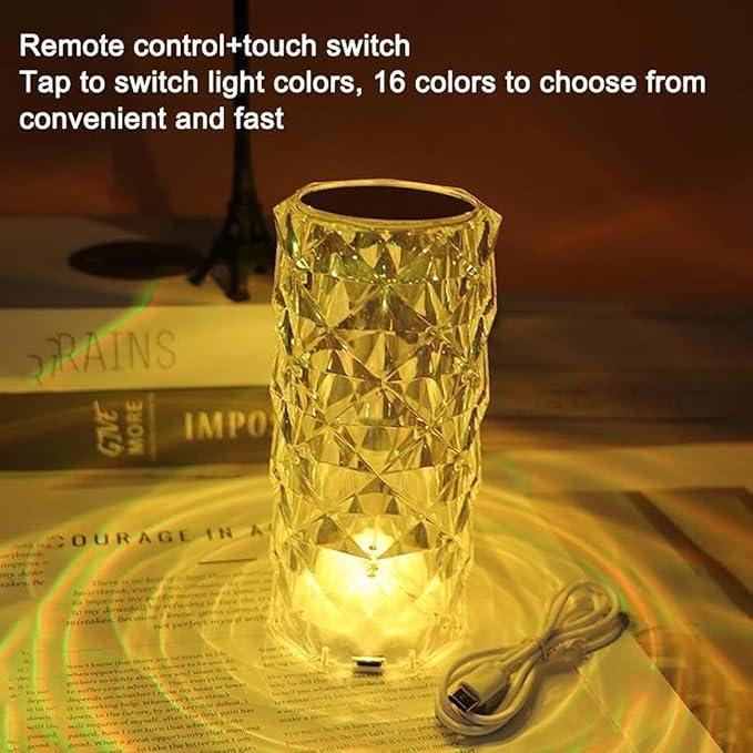 Can Switch 16 Colors Artificial Crystal Table Lamp, RGB Color Changing Rose Diamond Design with Remote Control USB Charging Touch Sensor Ambient Lighting for Living Room Party (3 Colors-Small)