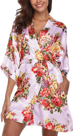 Women's Floral Satin Robes Bride Bridesmaid Getting Ready Robe Short Silky Kimono Sleepwear for Wedding Party