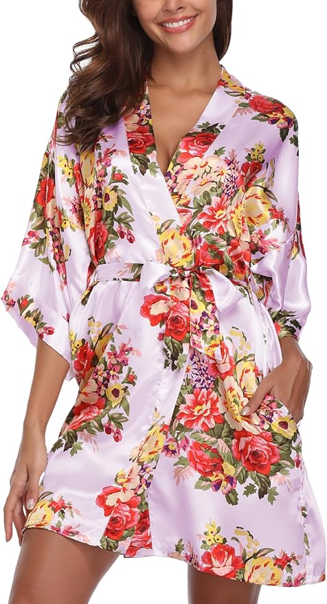 Women's Floral Satin Robes Bride Bridesmaid Getting Ready Robe Short Silky Kimono Sleepwear for Wedding Party