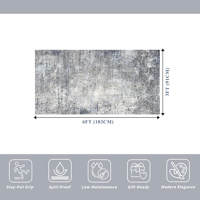 3x6 Washable Kitchen Runner Rug - Non Slip Stain Resistant Low-Pile Thin Wide Carpet Runners for Entryway Hallway Bathroom Bedside,Modern Neutral Abstract(Blue Grey,3x6)