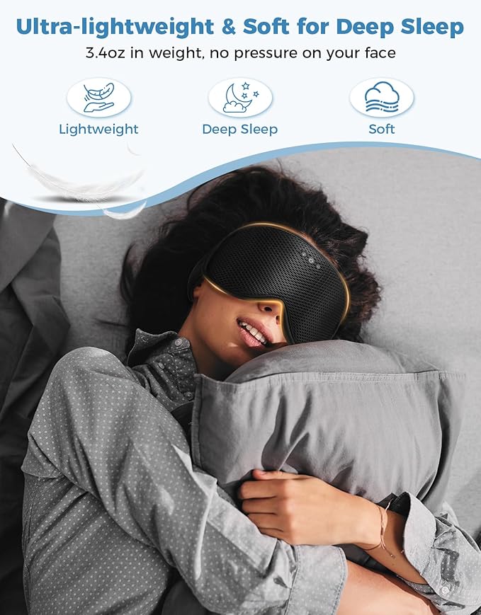 Sleep Mask with Bluetooth Headphones, Removable 3D Contoured Cup, Wireless Eye Mask for Sleep, Sleeping Headphones with Thin Stereo Speakers for Men, Women, Travel, Relaxation - Black