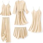 SAPJON Silk Pajamas for Women 5Pcs Sleepwear Loungewear Satin Robe Cami Shorts Pj Set