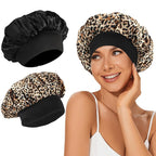 2Pcs Satin Bonnet Silk Bonnet, Hair Bonnet for Sleeping, Elastic Wide Band Silk Sleep Cap, Soft and Breathable(Black Leopard)
