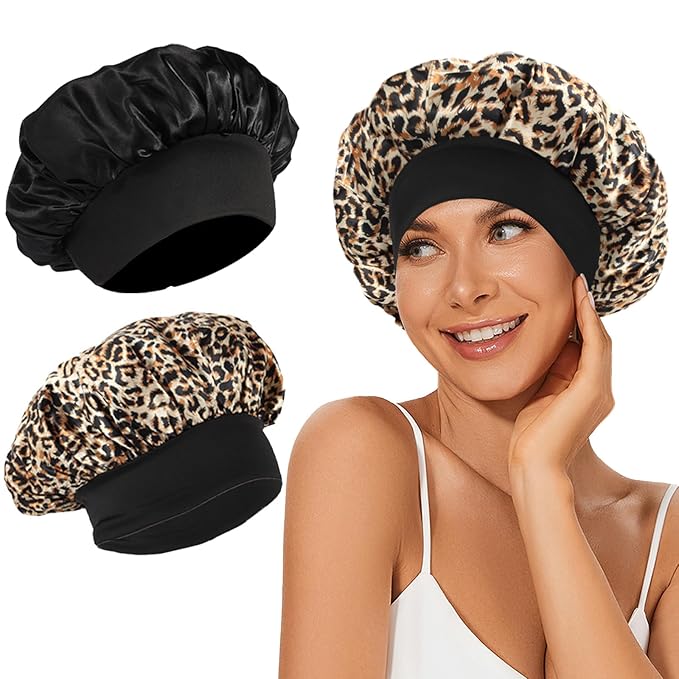 2Pcs Satin Bonnet Silk Bonnet, Hair Bonnet for Sleeping, Elastic Wide Band Silk Sleep Cap, Soft and Breathable(Black Leopard)