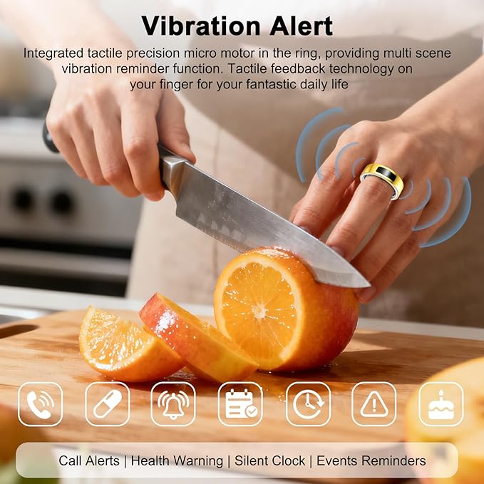 uaue Smart Health Ring for Women Men, Vibration Alert, Touch Control, Fitness Tracker Ring with Sleep/Women's Health/Heart Rate/Steps, IP68 Waterproof for iPhone and Android, Gold 9, No Subscription