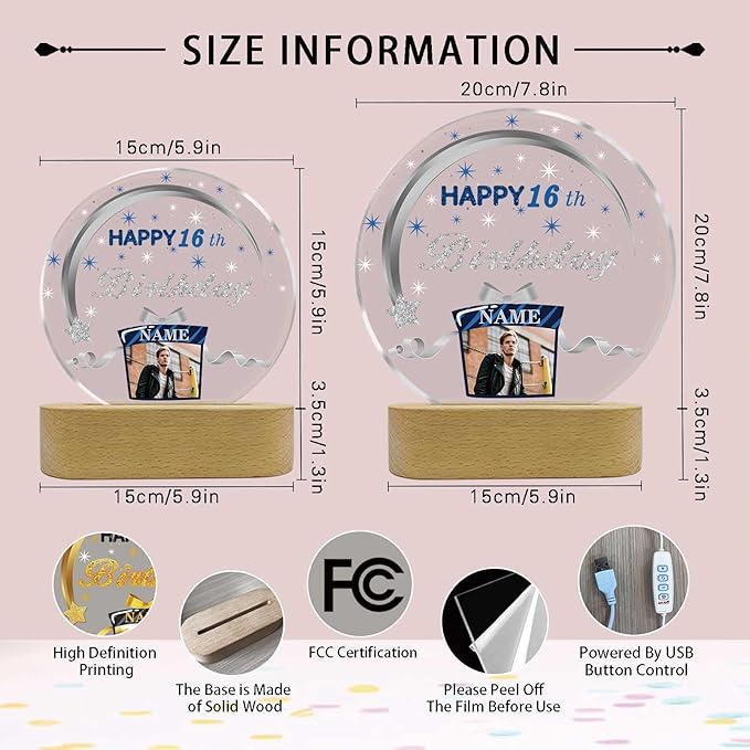 Customized Birthday Gifts Personalized Acrylic LED Night Light Lamp Crystal Ball Plaque Custom Photo Name Birthday Gifts for Mom Kids (Navy Blue and Silver)