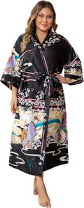 Women's Floral Long Satin Robes Plus Size Long Silk Robes Peacock Floral Kimonos Sleepwear Dressing Gown