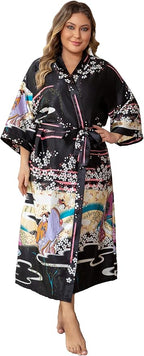 Women's Floral Long Satin Robes Plus Size Long Silk Robes Peacock Floral Kimonos Sleepwear Dressing Gown