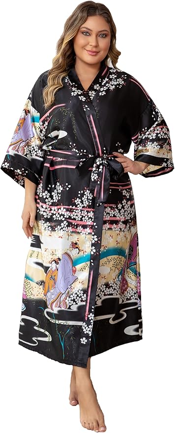 Women's Floral Long Satin Robes Plus Size Long Silk Robes Peacock Floral Kimonos Sleepwear Dressing Gown