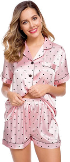 LecGee Womens Silk Satin Pajamas Short Sleeve Loungewear Two-Piece Sleepwear Button-Down Pj Set