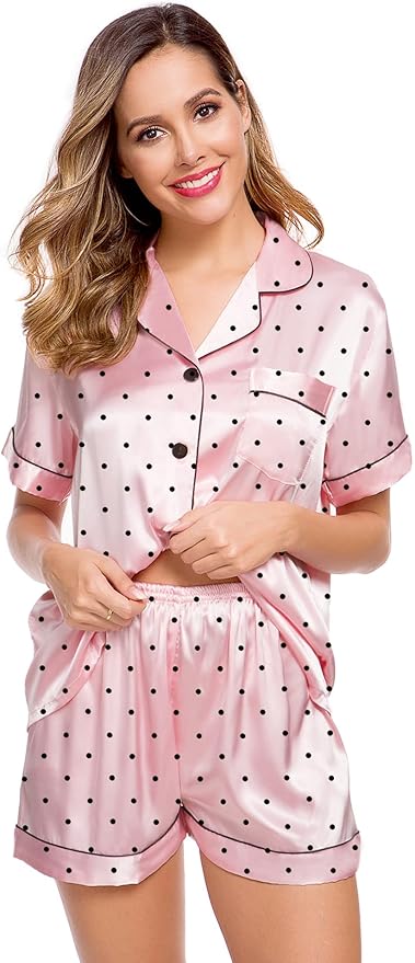 LecGee Womens Silk Satin Pajamas Short Sleeve Loungewear Two-Piece Sleepwear Button-Down Pj Set