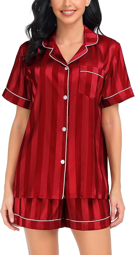 SWOMOG Satin Matching Pajamas Sets Couple Silk Button Down Nightwear Women & Men Short Sleeve Sleepwear 2 Pieces Loungewear