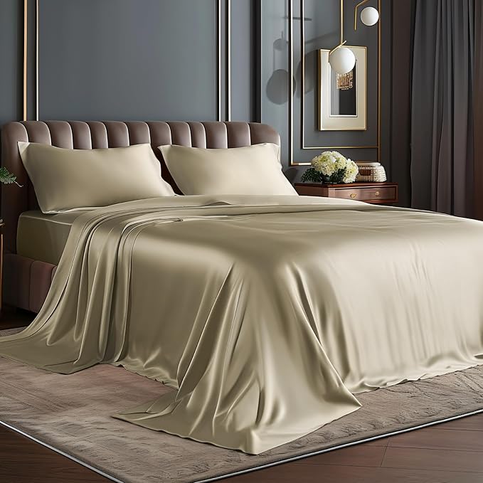 BEDELITE California King Sheets Set, Luxury Soft Taupe Satin Sheets for Hair and Skin, Similar to Silk Bed Sheets Set 4 Pieces with 1 Deep Pocket Fitted Sheet, 1 Flat Sheet, and 2 Pillowcases