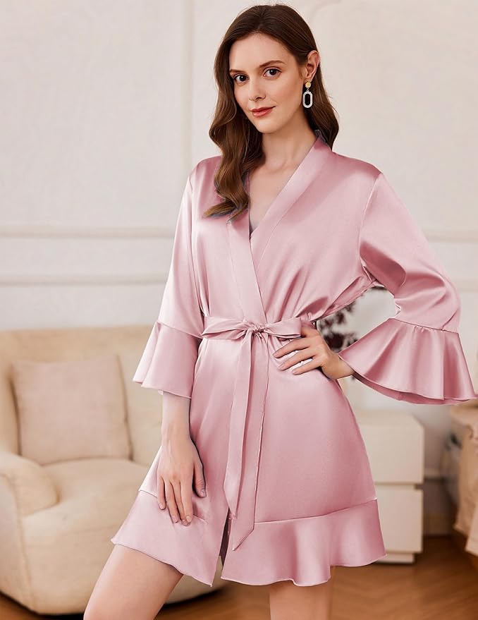 Ekouaer Women's Satin Robe Short Ruffle Hem Silky Robes Lightweight Kimono Brides Bathrobes Sleepwear XS-XXL