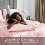 MR&HM Satin Bed Sheets, Queen Size Sheets Set, 4 Pcs Silky Bedding Set with 15 Inches Deep Pocket for Mattress (Queen, Light Pink)