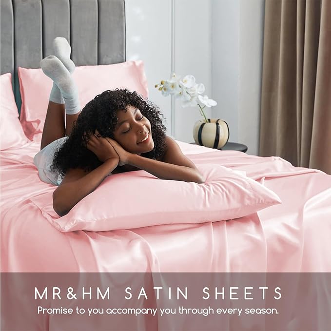 MR&HM Satin Bed Sheets, Full Size Sheets Set, 4 Pcs Silky Bedding Set with 15 Inches Deep Pocket for Mattress (Full, Light Pink)