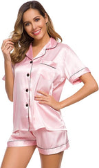 SWOMOG Womens Silk Satin Pajamas Set Short Sleeve Sleepwear Button Down Top and Shorts Loungewear 2 Piece Pjs Set XS-3XL