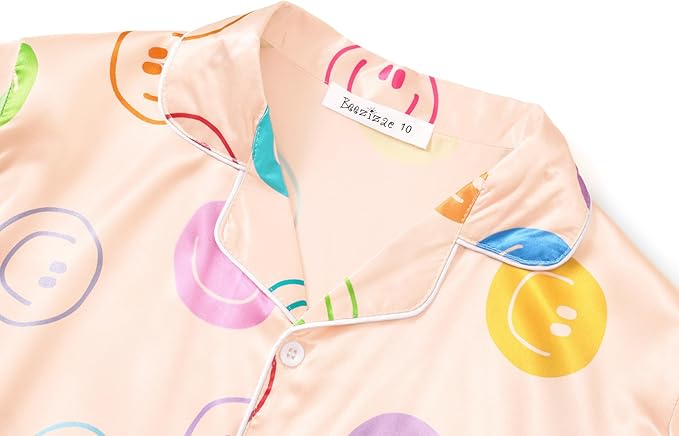 Beezizac Little & Big Girls Satin Silky Button Pajama Summer Short Sleeves Set Trendy Outfit Kid Size 6-16