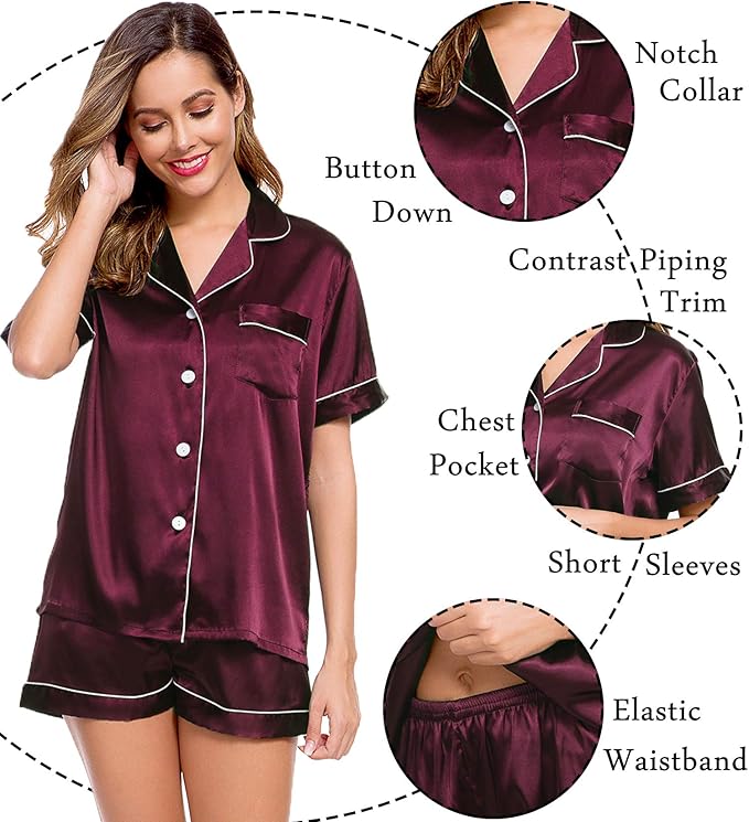 LecGee Womens Silk Satin Pajamas Short Sleeve Loungewear Two-Piece Sleepwear Button-Down Pj Set