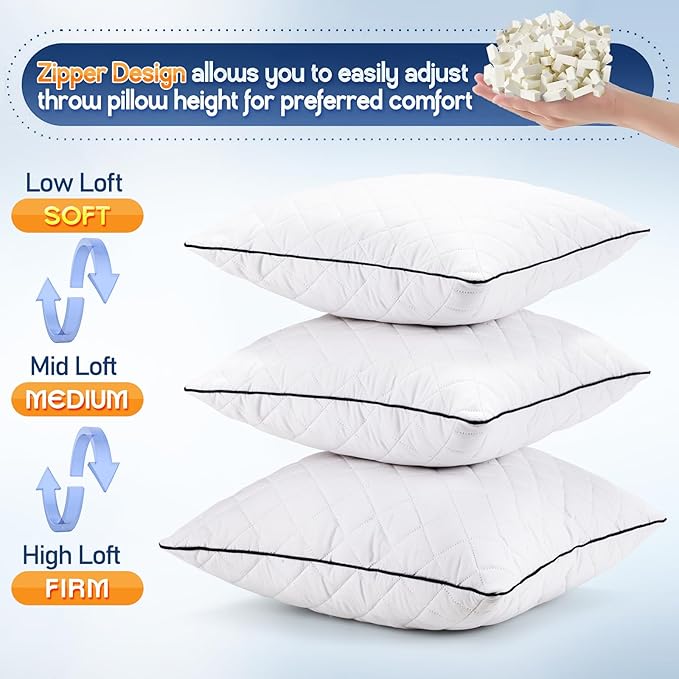 1 MIDDLE ONE Throw Pillows (Pack of 2, White), 24 x 24 Inches Decorative Pillow Insert for Couch, Sofa and Bed, Memory Foam Indoor Square Pillow Forms Stuffer