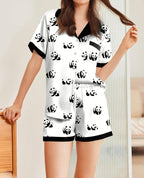 Ekouaer Womens Silk Satin Pajamas Set Animals Print Pjs Button Down Short Sleeve Lounge Set 2 Piece Sleepwear