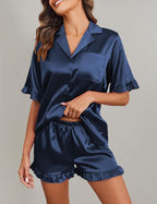 Ekouaer Satin Pajama Set for Women Button Down Silk 2 Piece Pj Sets Ruffle Short Sleeve Sleepwear