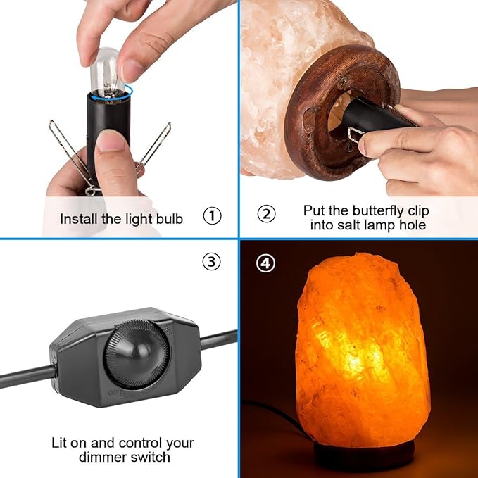 haraqi Salt Lamp Cord and Bulbs,Himalayan Salt Lamp Replacement Cord with Dimmer Switch,Original UL Listed Cord Bulb Replacement for Salt Rock Lamp with 6 Pack 25 Watt E12 Bulbs