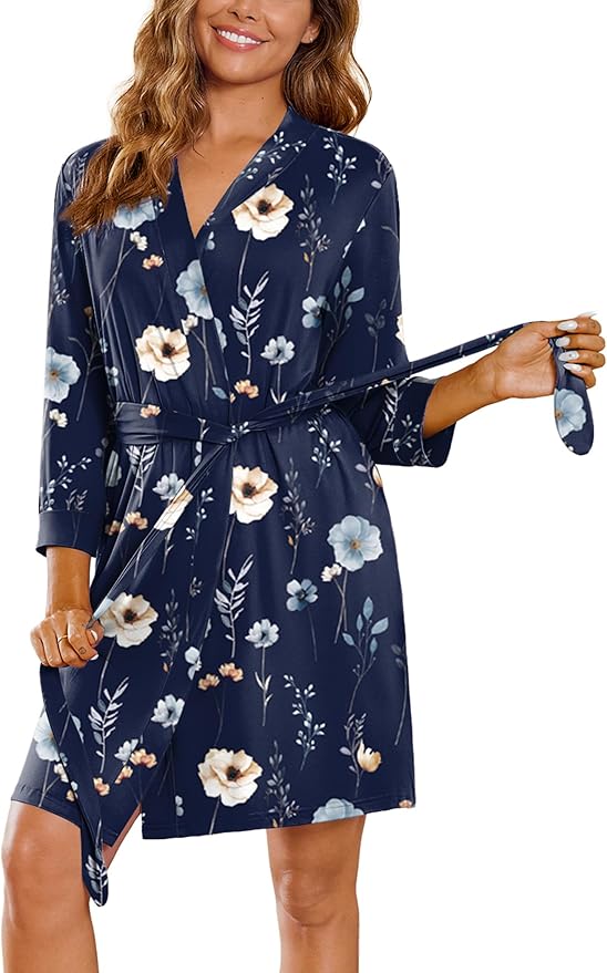 Ekouaer Women‘s Robes Lightweight 3/4 Sleeve Short Knit Bathrobe Soft Knee Length Sleepwear Robes with Pockets S-XXL