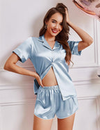 Ekouaer Womens Silk Satin Pajamas Short Sleeve PJS Shorts Set Soft Button Down Sleepwear 2 Piece Loungewear S-5XL