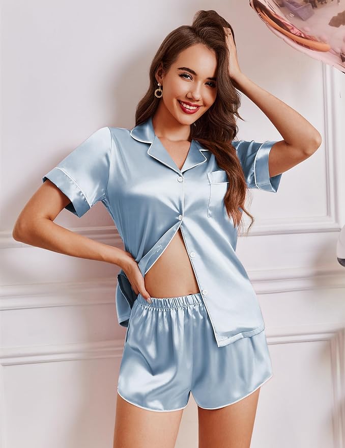Ekouaer Womens Silk Satin Pajamas Short Sleeve PJS Shorts Set Soft Button Down Sleepwear 2 Piece Loungewear S-5XL