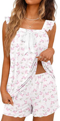 Ekouaer Women's Pajamas Sets 2 Piece Bow Bridal Pajama Cute Tank Top and Shorts Pjs Soft Ruffle Sleepwear XS-2XL