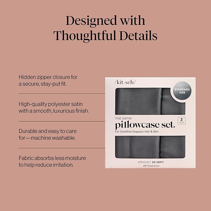 Kitsch Satin Pillowcase with Zipper for Hair & Skin - Softer Than Silk Pillow Cases, Smooth Cooling Satin Pillow Case, Wrinkle-Free, Machine Washable, Pillow Cases Standard Size 19x26 - Charcoal, 2pc